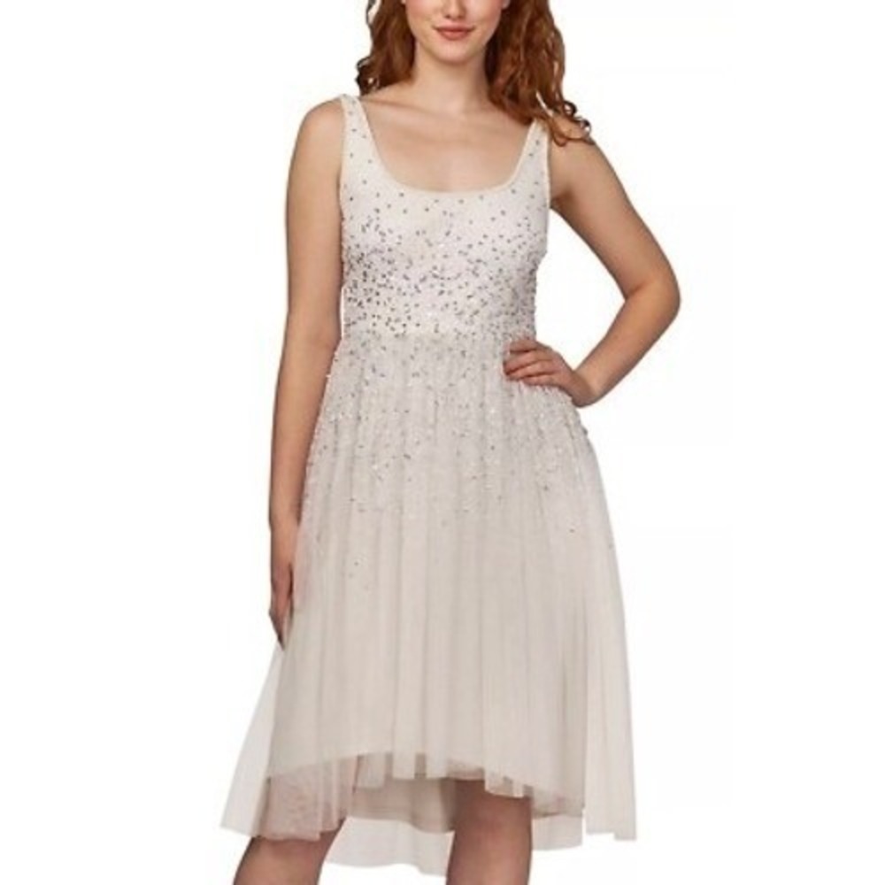 Adrianna Papell White Sequined Tulle Cocktail Dress Beaded Sleeveless Bridal12